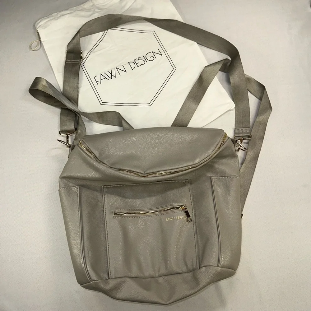 Fawn Design Grey Pebbled Faux Leather Convertible Diaper Bag Backpack Gold Tone